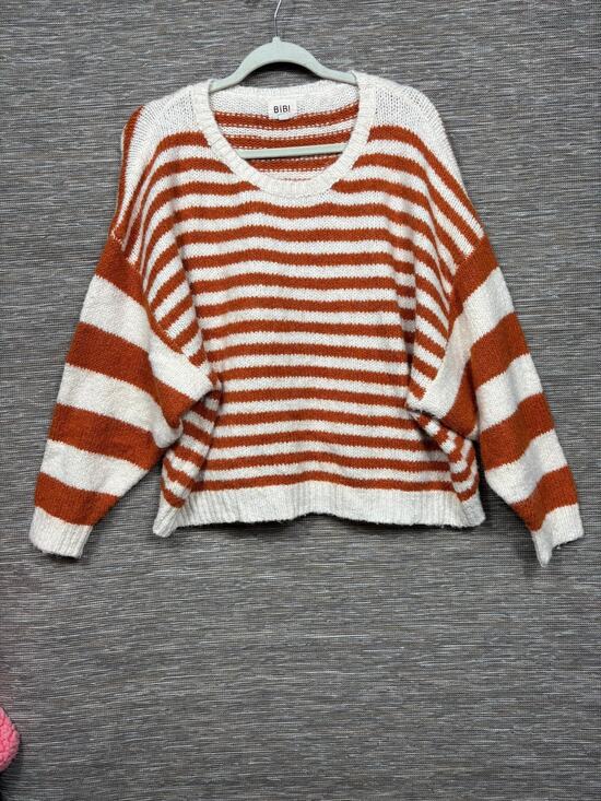 BIBI Sweaters - BIBI Sweater Womens L Orange White Stripe Dolman Sleeve Chunky Knit Pullover